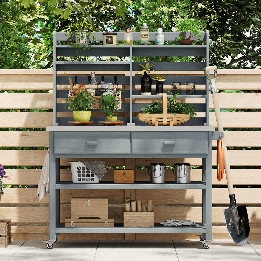 Outluma Rolling Potting Bench with Hutch - Grey Blue