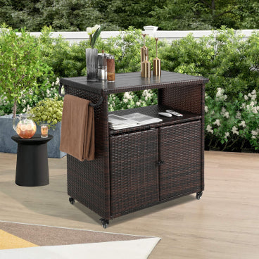 Outdoor Wicker Bar Cart Serving Cart - Plastic Wood Top