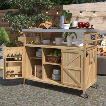 50-Inch Rolling Outdoor Kitchen Bar Cart with Stainless Steel Top - Natural