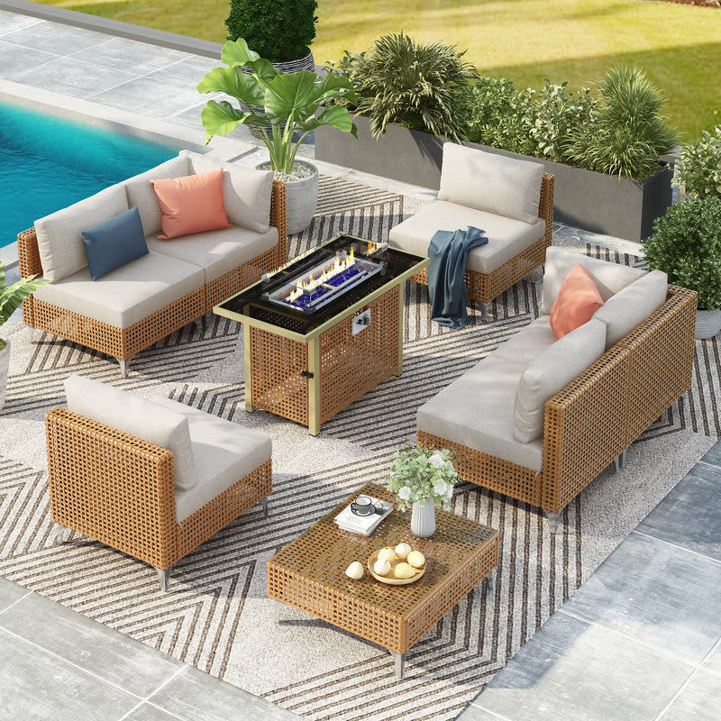 Outluma 8-Piece Patio Conversation Set with Fire Pit Table - Beige