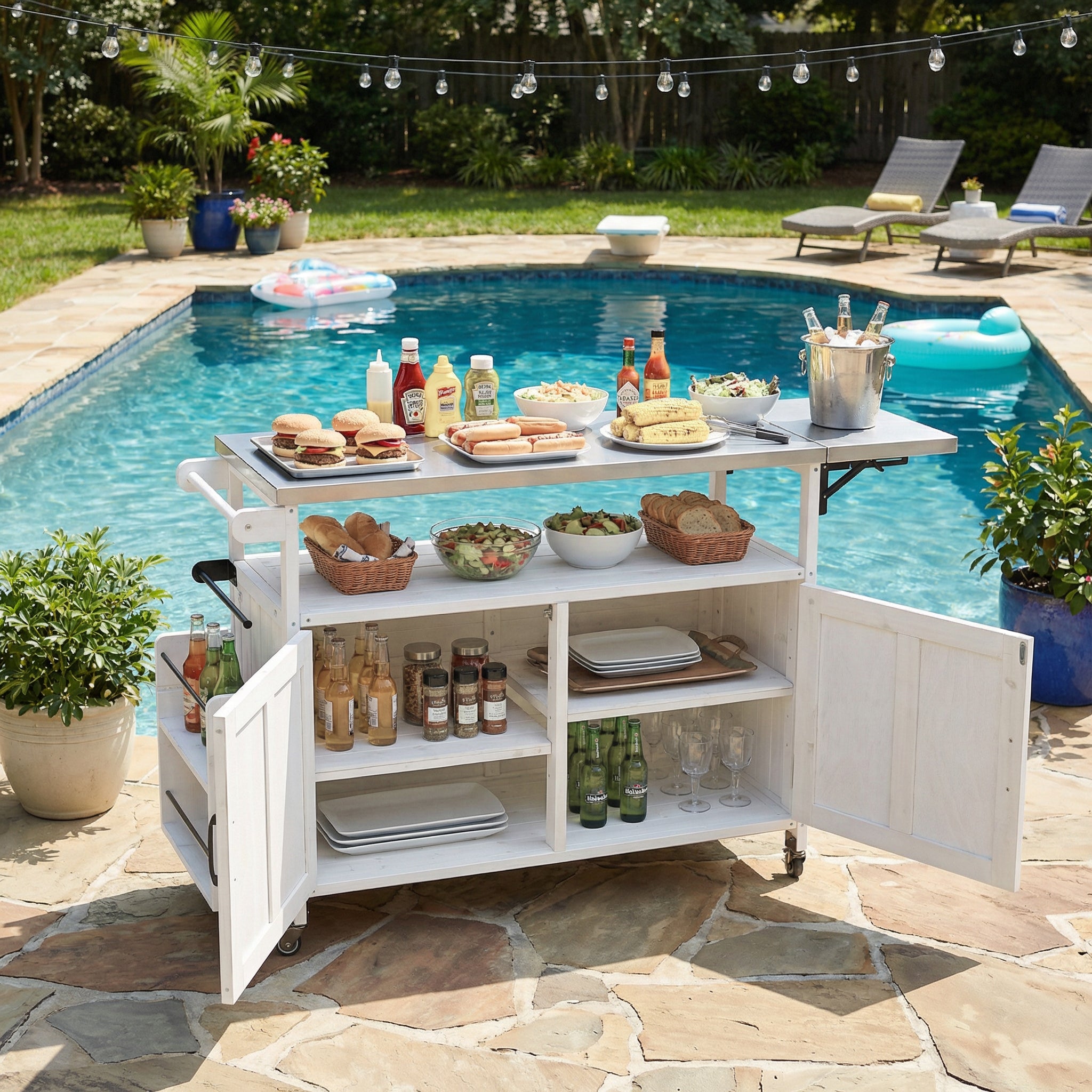 Foldable Cooking Island with Sink - White