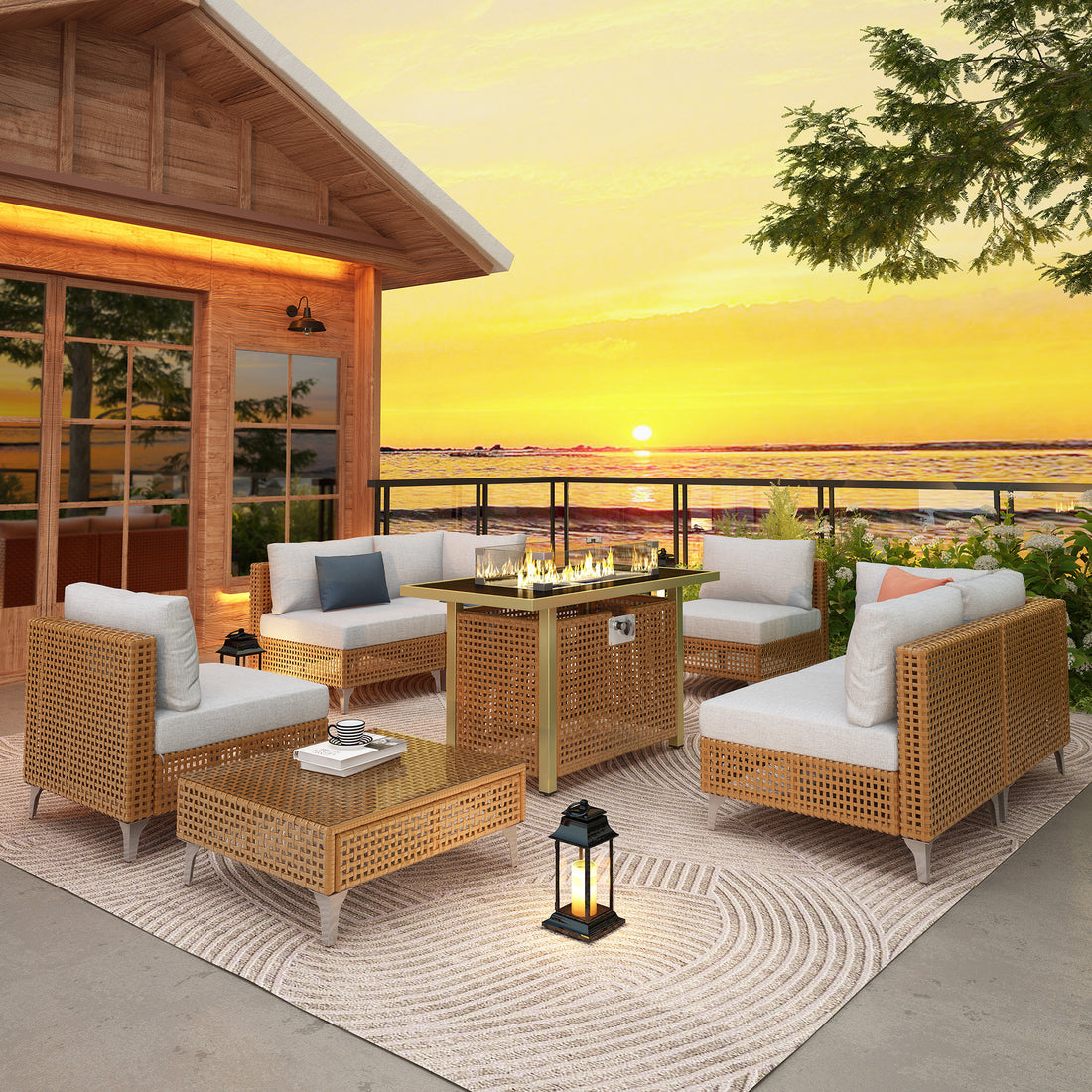 Outluma 8-Piece Patio Conversation Set with Fire Pit Table - Beige
