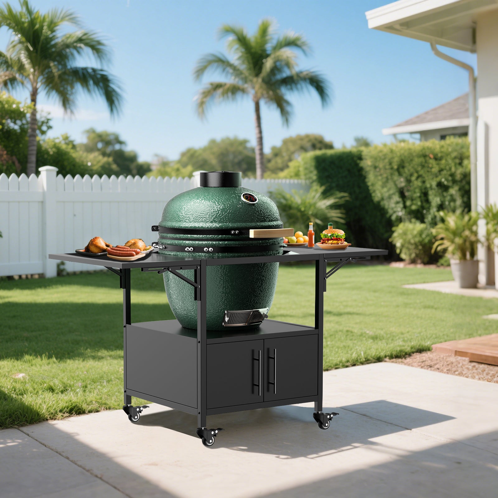 Metal grill cart for kamado-style ceramic grill with folding panels