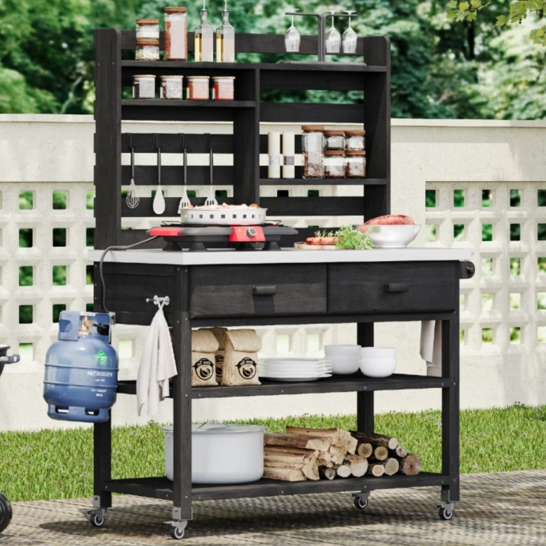 Outluma Rolling Potting Bench with Hutch - Black