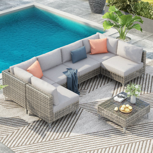 7-Piece Wicker Outdoor Conversation Set - Gray