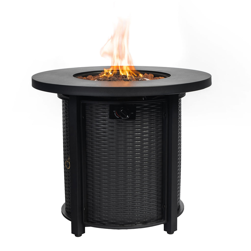 Round fire pit table with lid converted to patio table