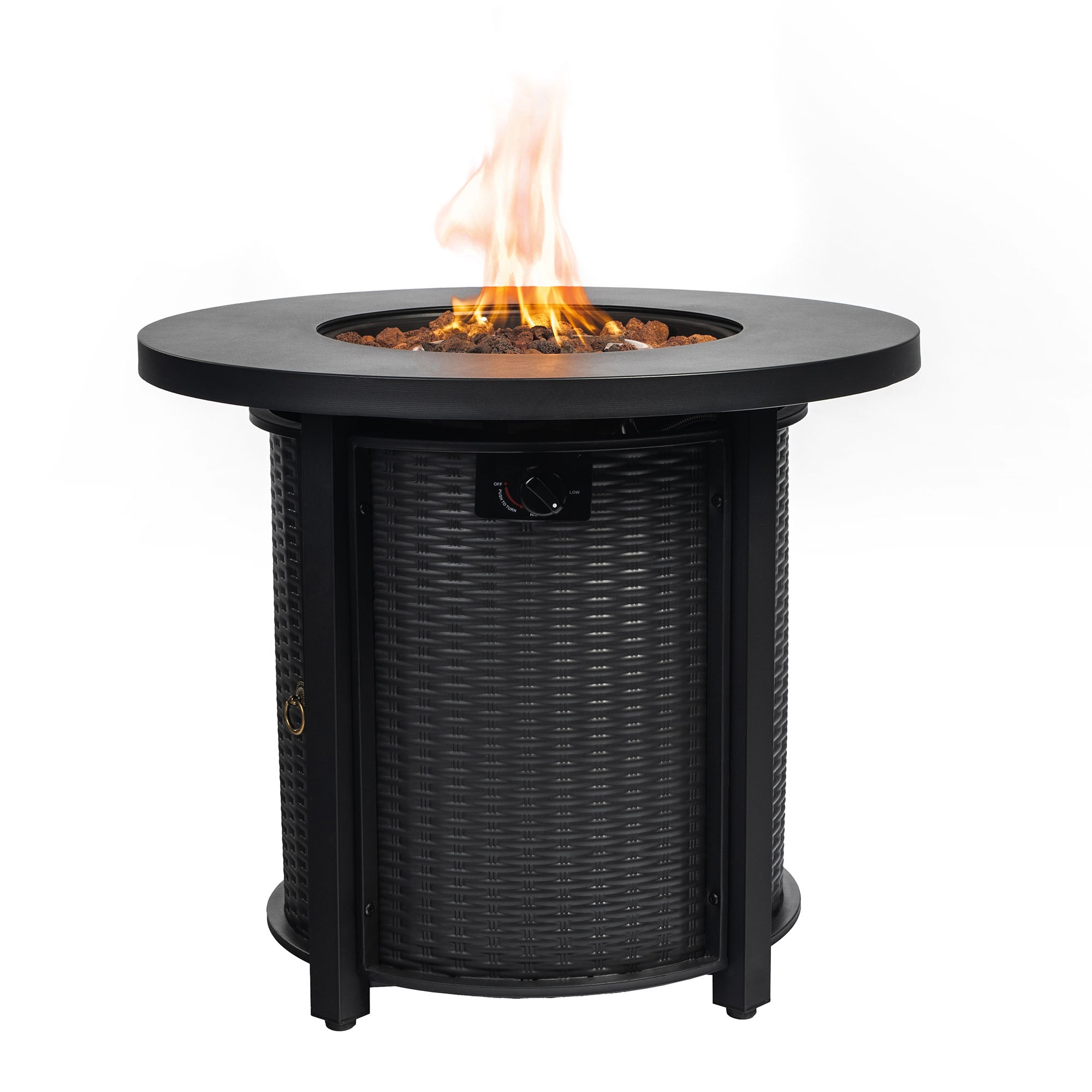 Round fire pit table with lid converted to patio table