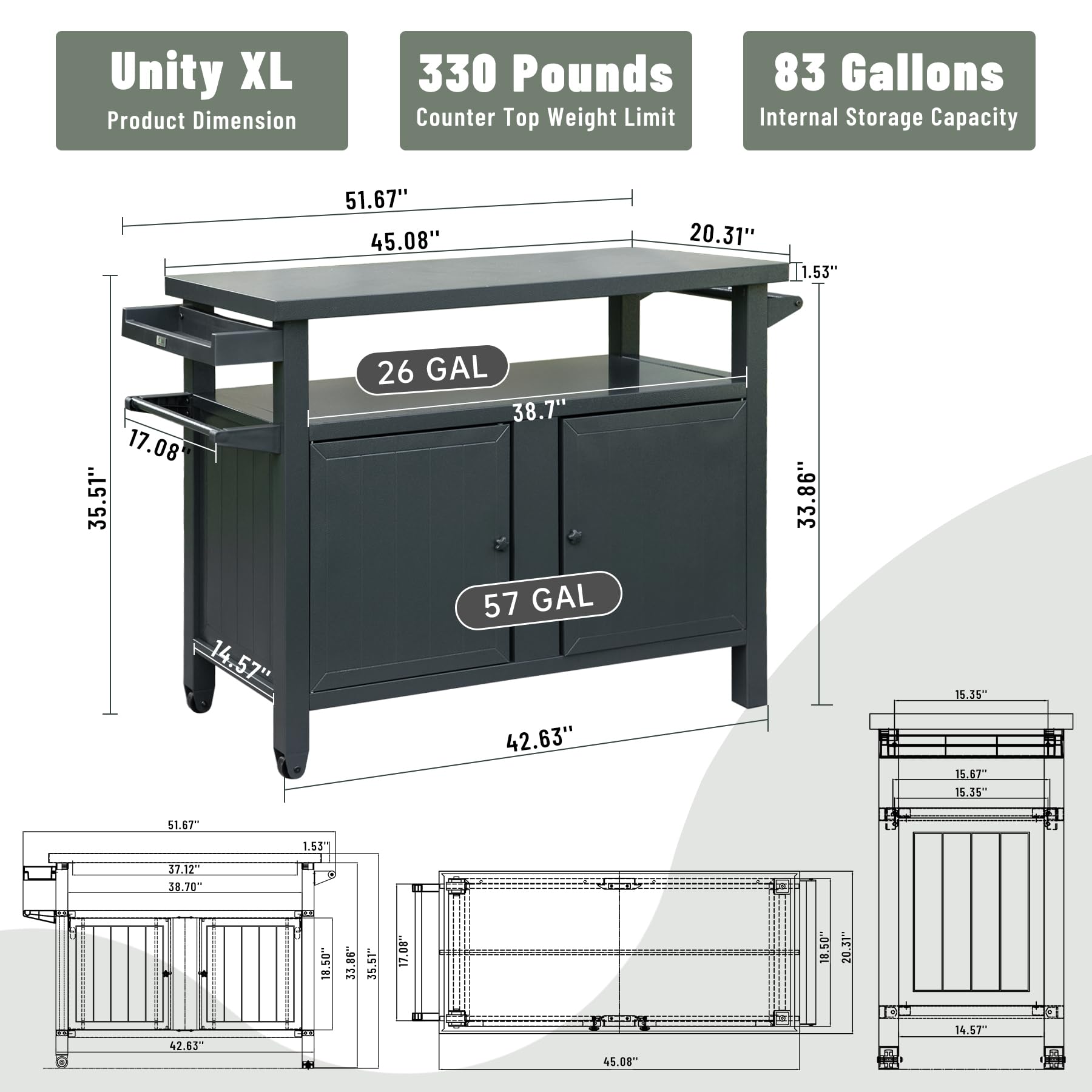 Aluminum grill storage cart full view