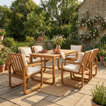 7-Piece Natural Wood Patio Dining Set - Beige Cushion