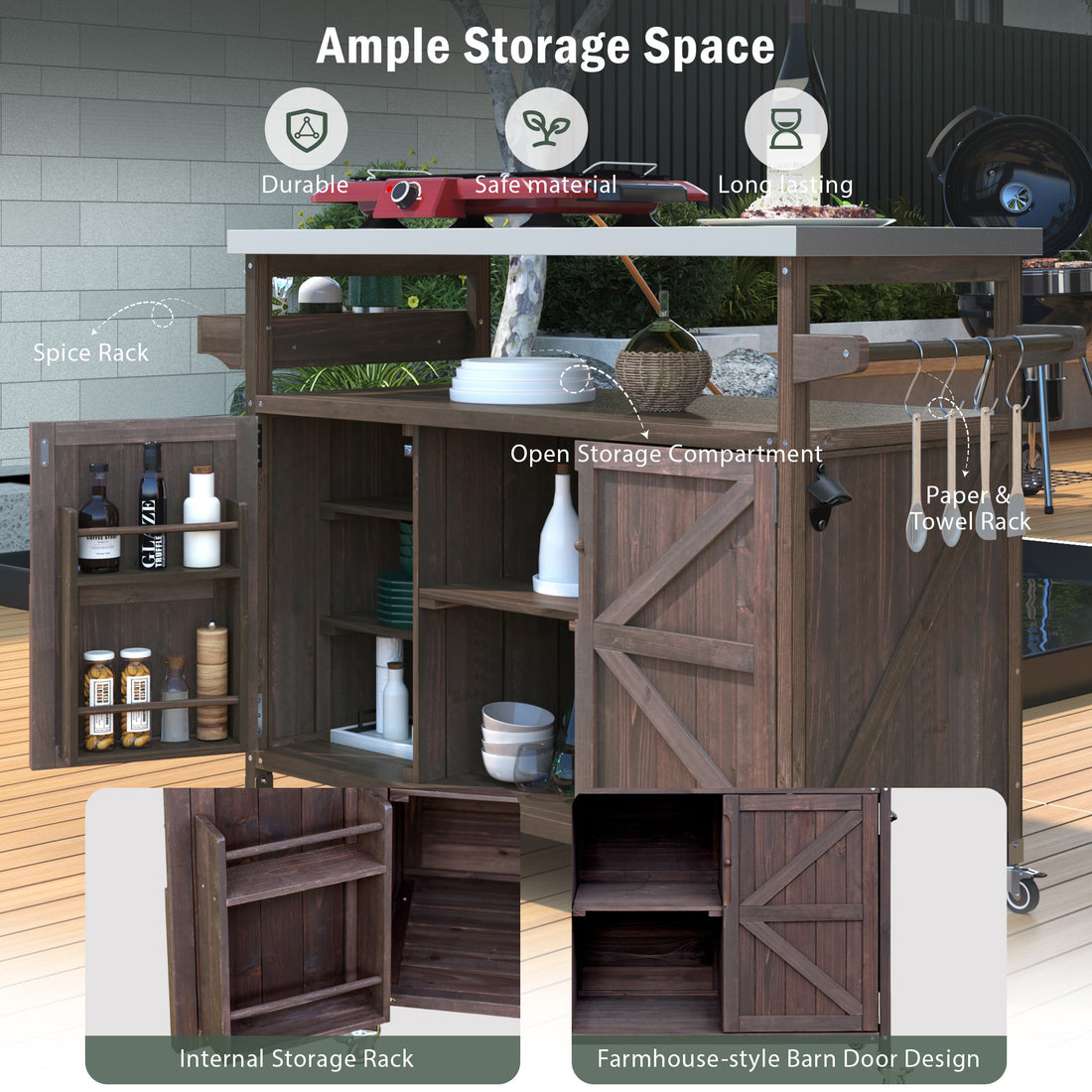 Outluma Farmhouse Rolling Outdoor Kitchen Island - Dark Brown