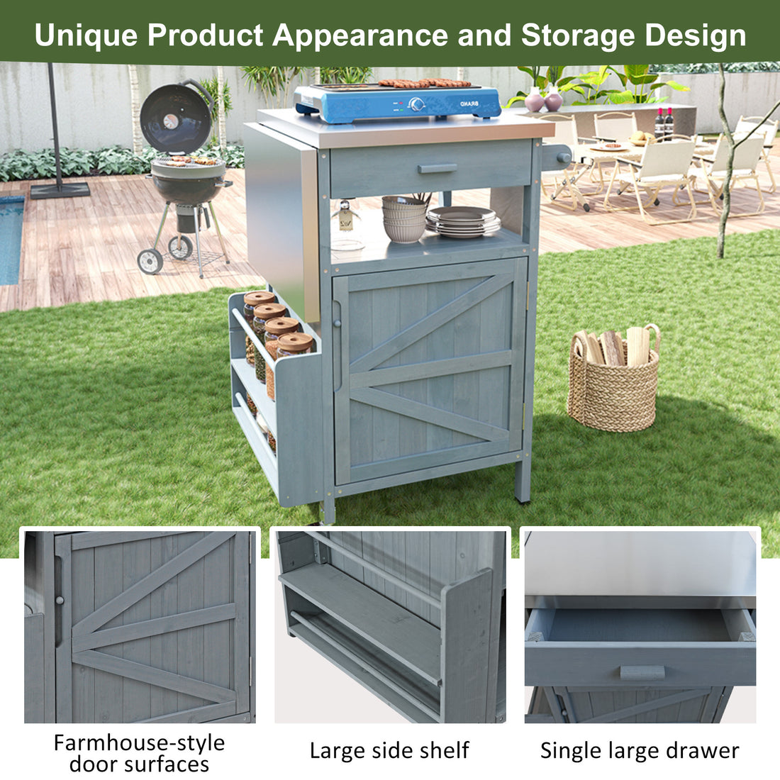 Outluma 40.5 in Wood Outdoor Grill Cart - Blue Grey