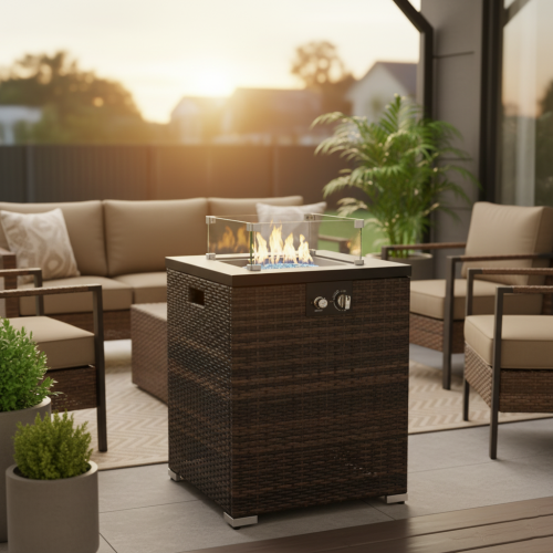 22-Inch Square Propane Fire Pit Table with Glass Wind Guard - Outluma