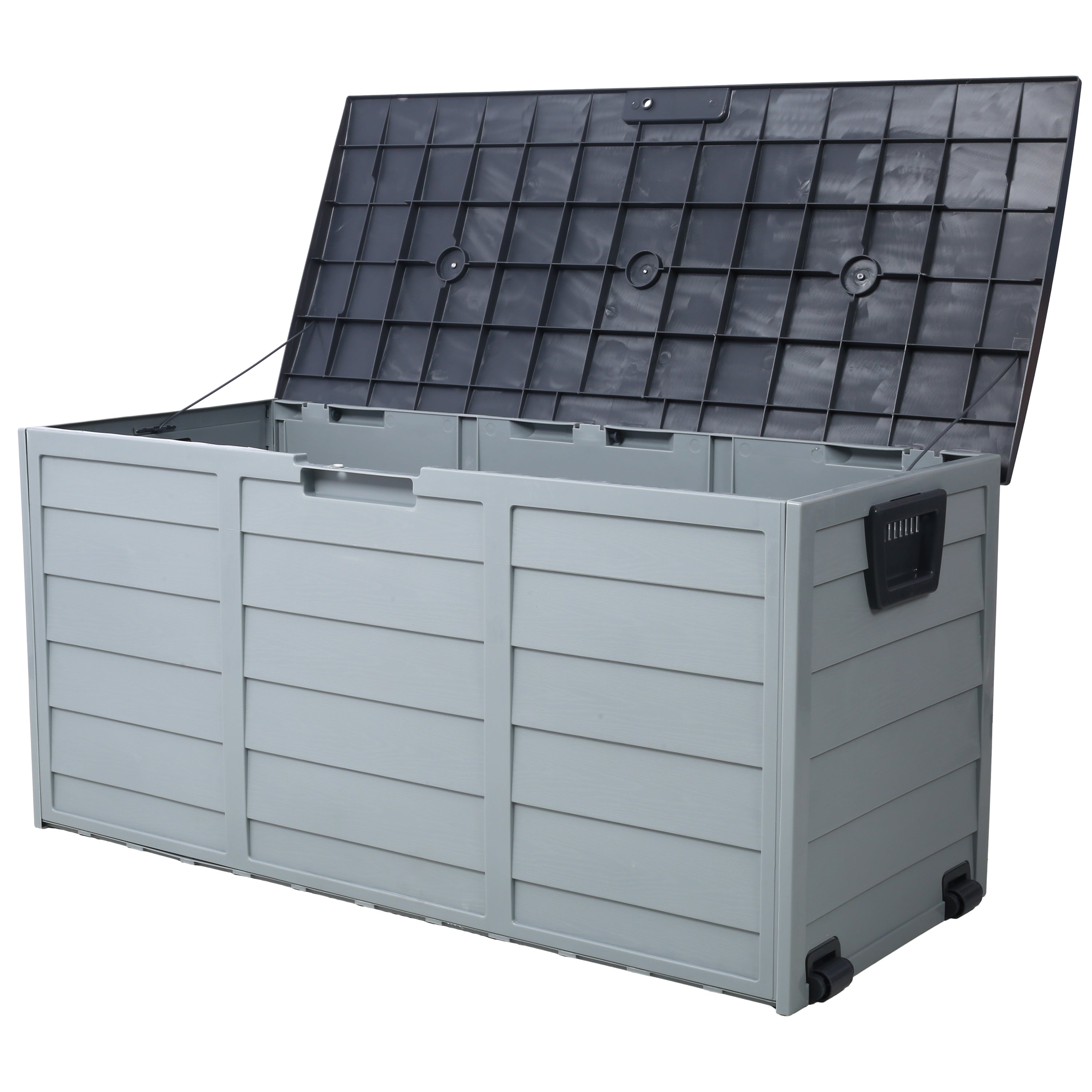 75-gallon gray resin deck box with wheels