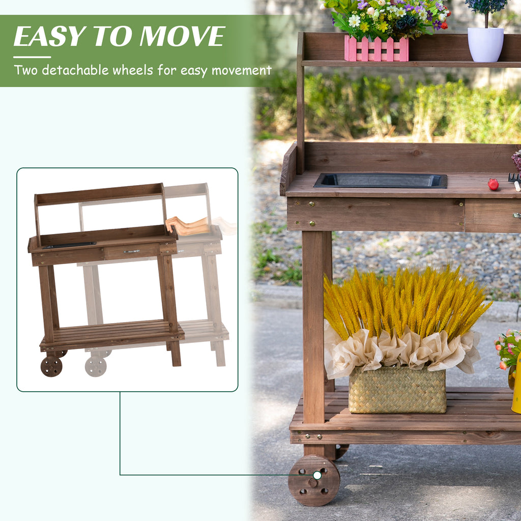 Outsunny Potting Bench with Sink and Wheels detail