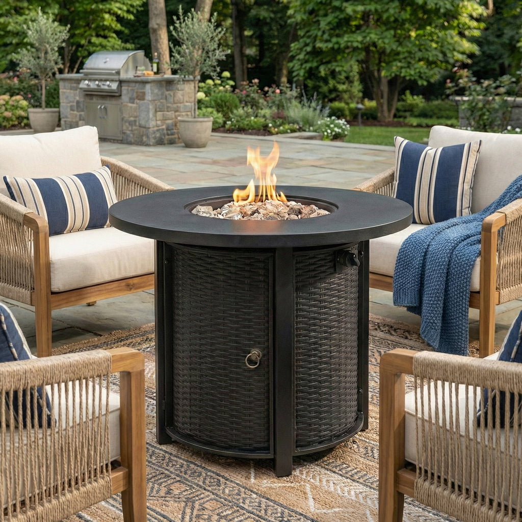 Round propane fire pit table side view