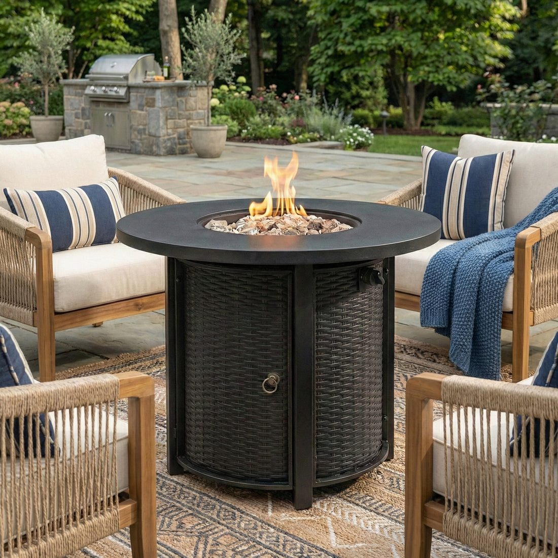 Outluma 30-Inch Round Propane Fire Pit Table, 50,000 BTU Black Steel