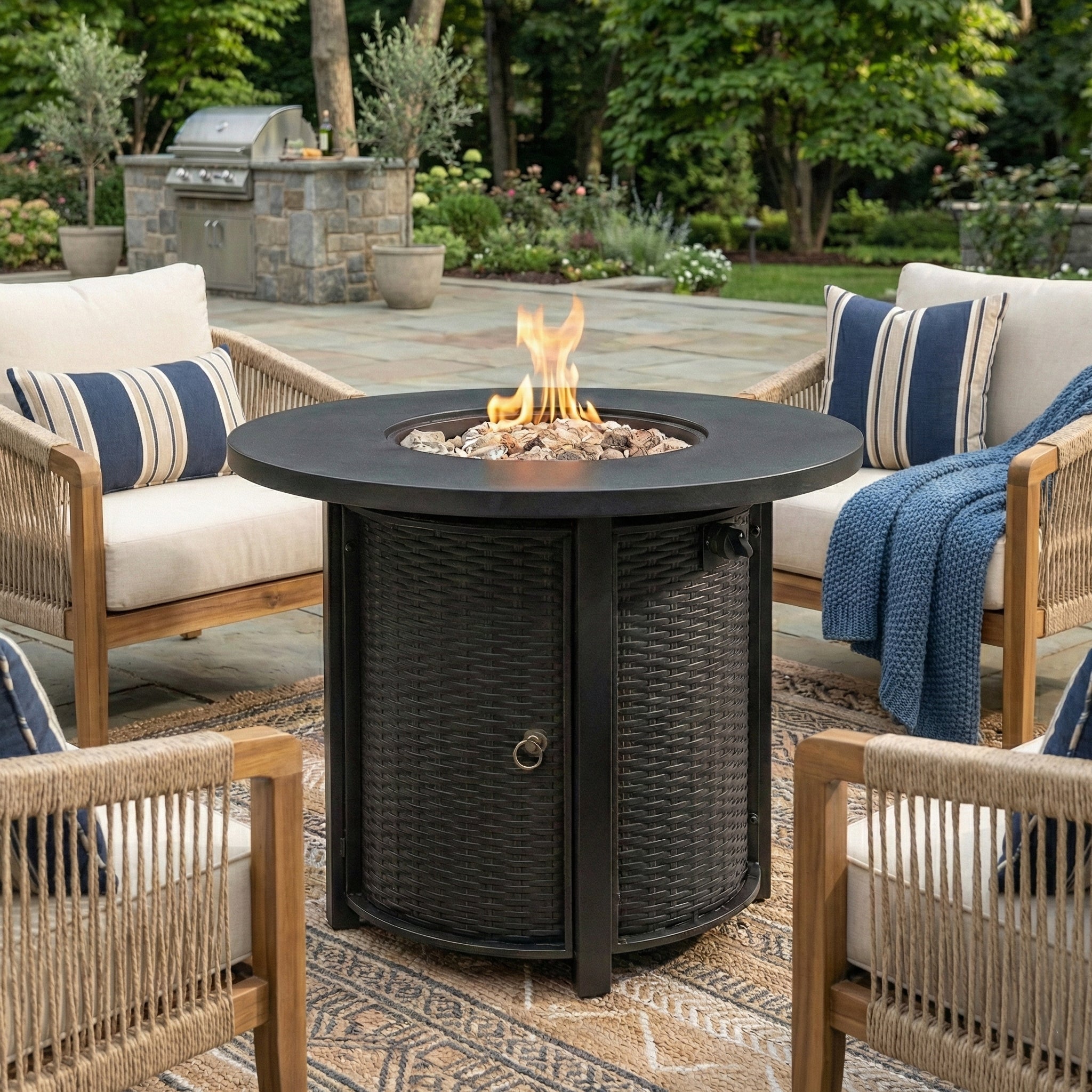 Round propane fire pit table side view