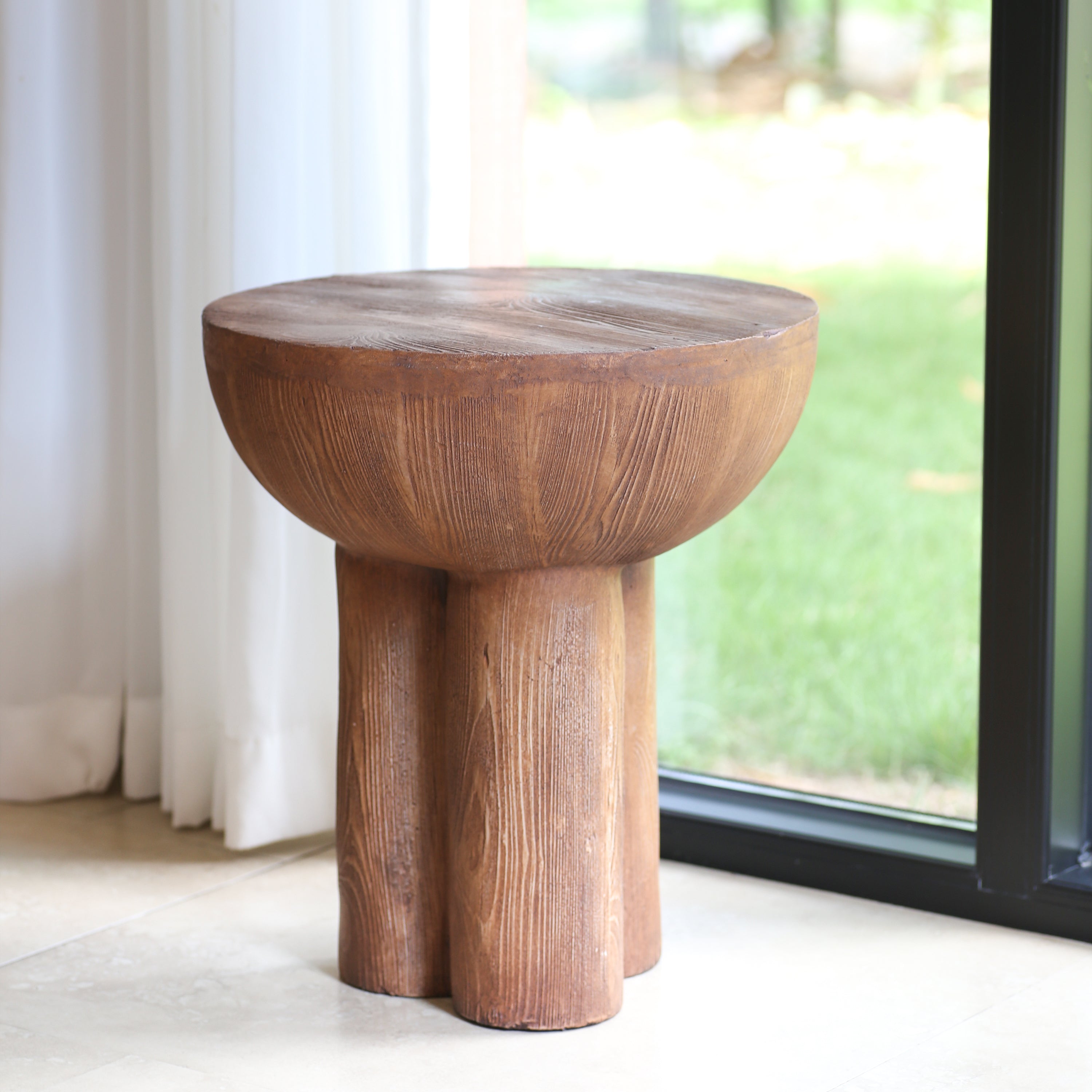 Iris three-legged MGO wood-grain round side table, brown