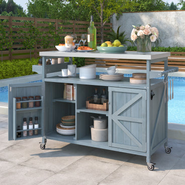 50-Inch Rolling Outdoor Kitchen Bar Cart with Stainless Steel Top - Gray Blue