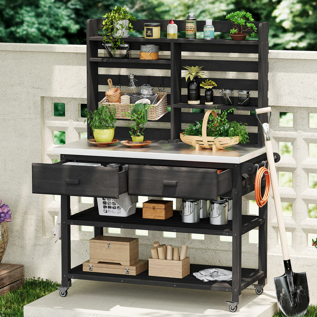 Outluma Rolling Potting Bench with Hutch - Black