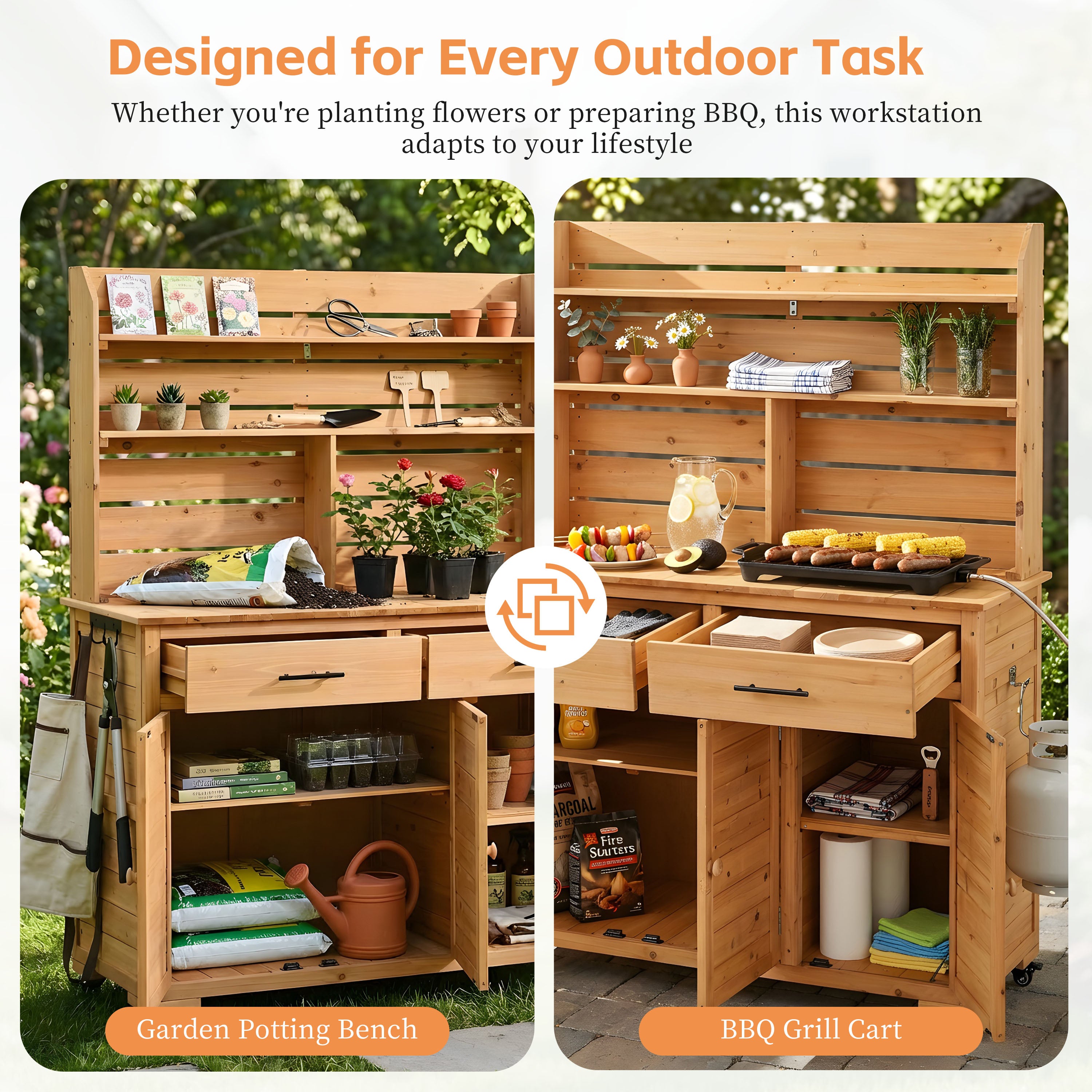 Rolling Potting Bench with Hutch and Wheels - Natural Wood detail