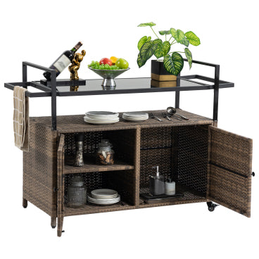 Outdoor Wicker Bar Cart Serving Cart - Glass Top