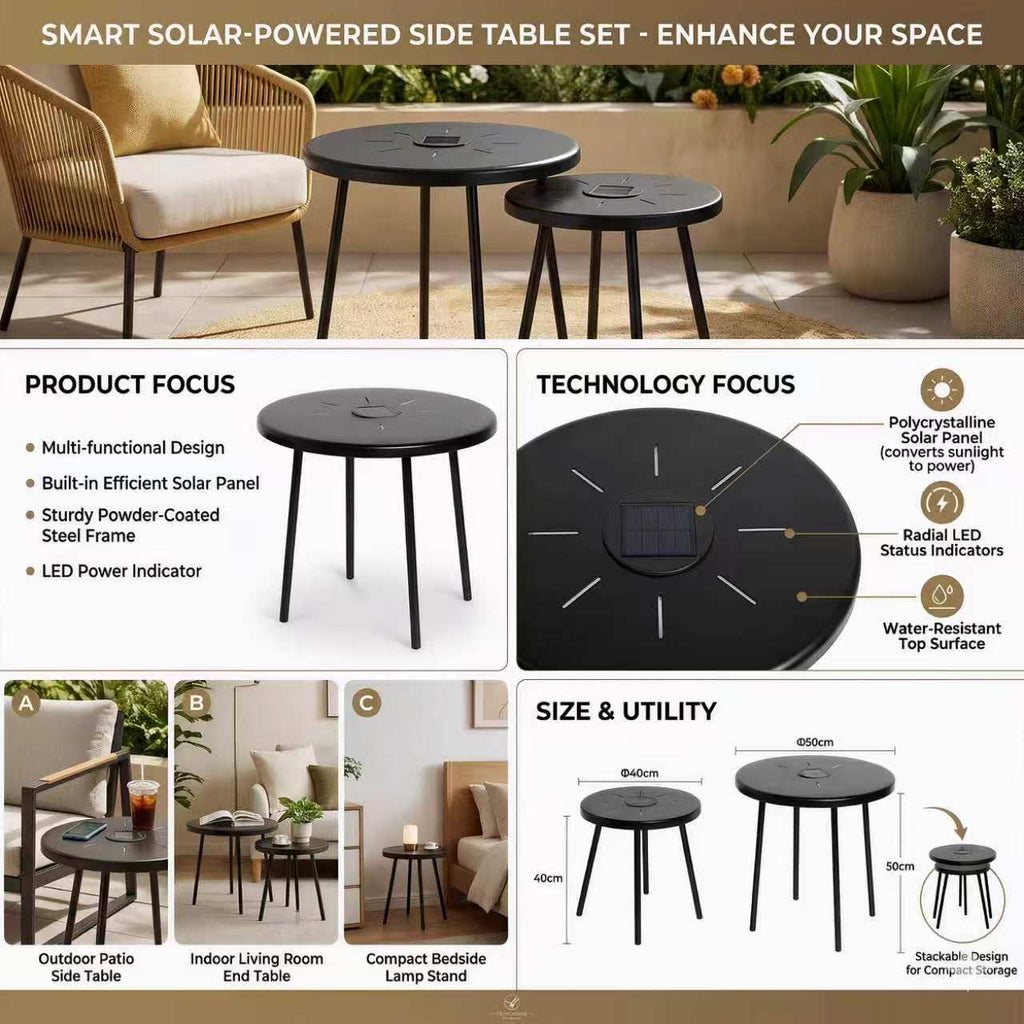 2-pack solar powered LED nesting side tables, black