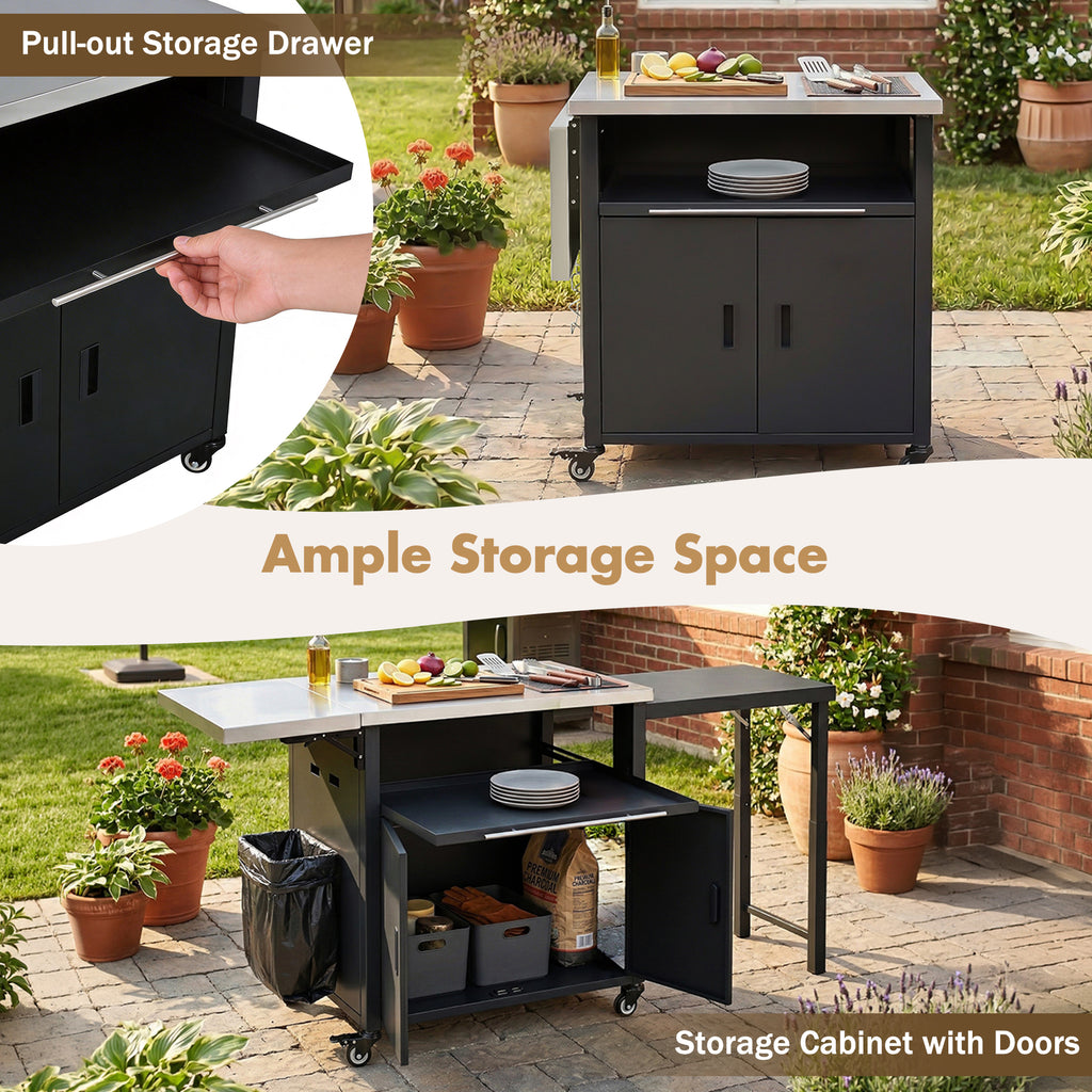 Foldable BBQ Cart with Trash Rack detail