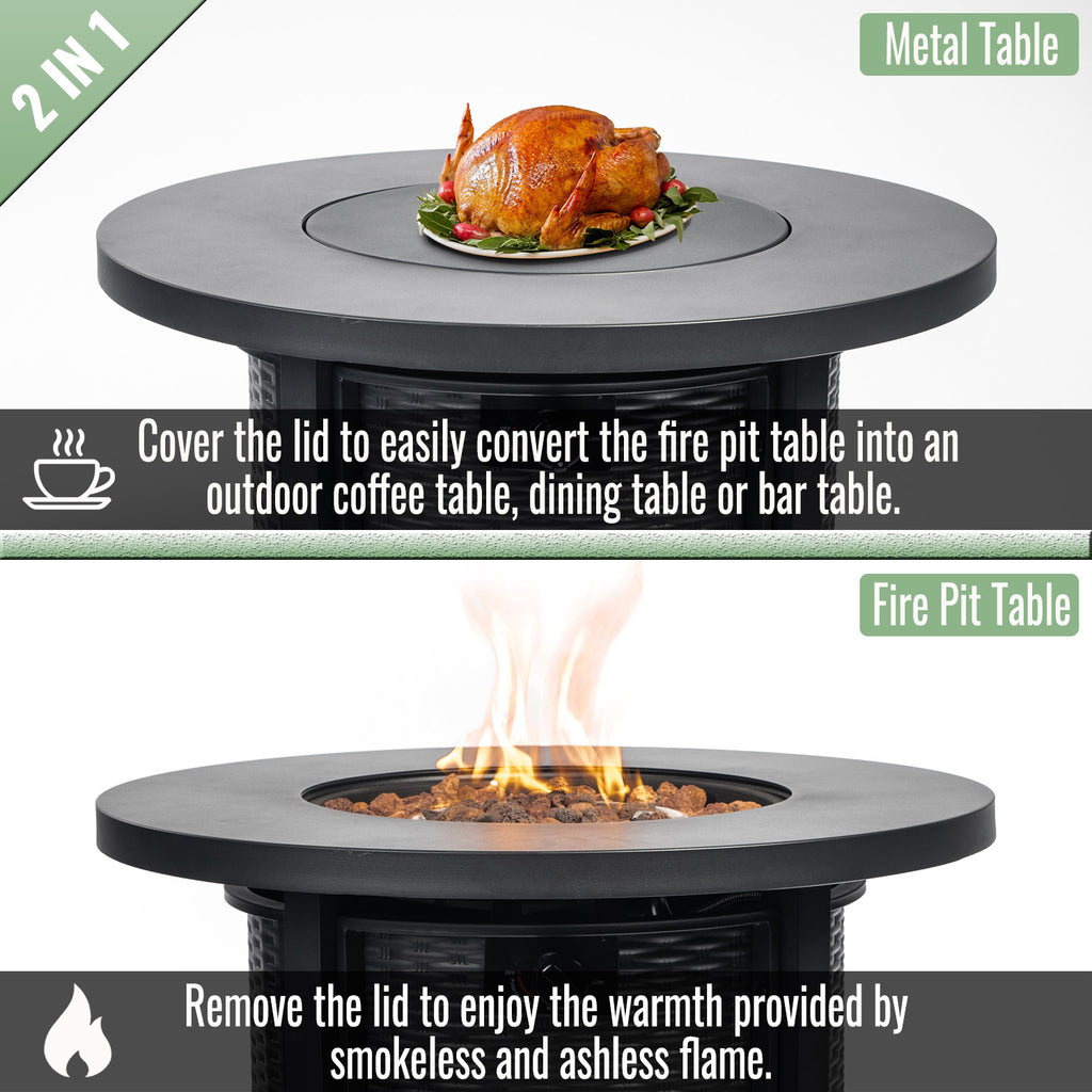 Fire pit table burner detail with lava rocks
