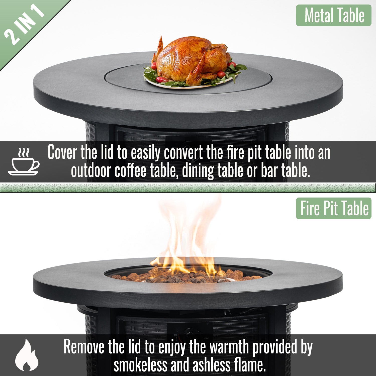 Fire pit table burner detail with lava rocks