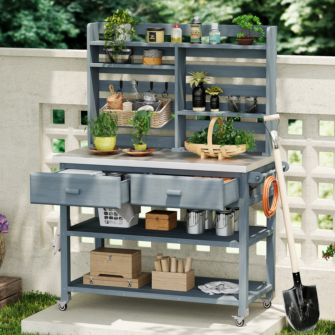Outluma Rolling Potting Bench with Hutch - Grey Blue