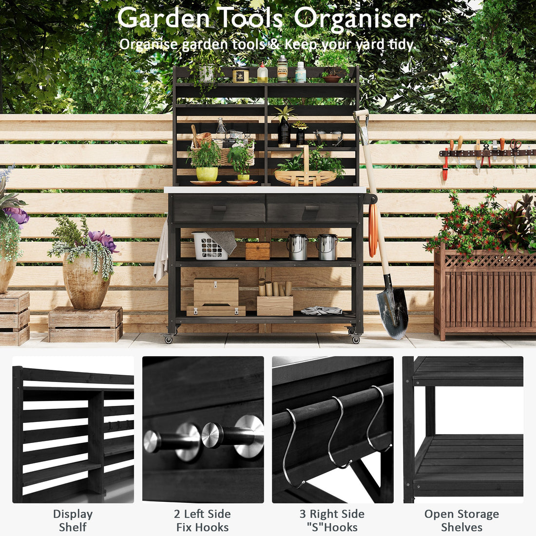 Outluma Rolling Potting Bench with Hutch - Black