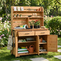 Rolling Potting Bench with Hutch and Wheels - Natural Wood