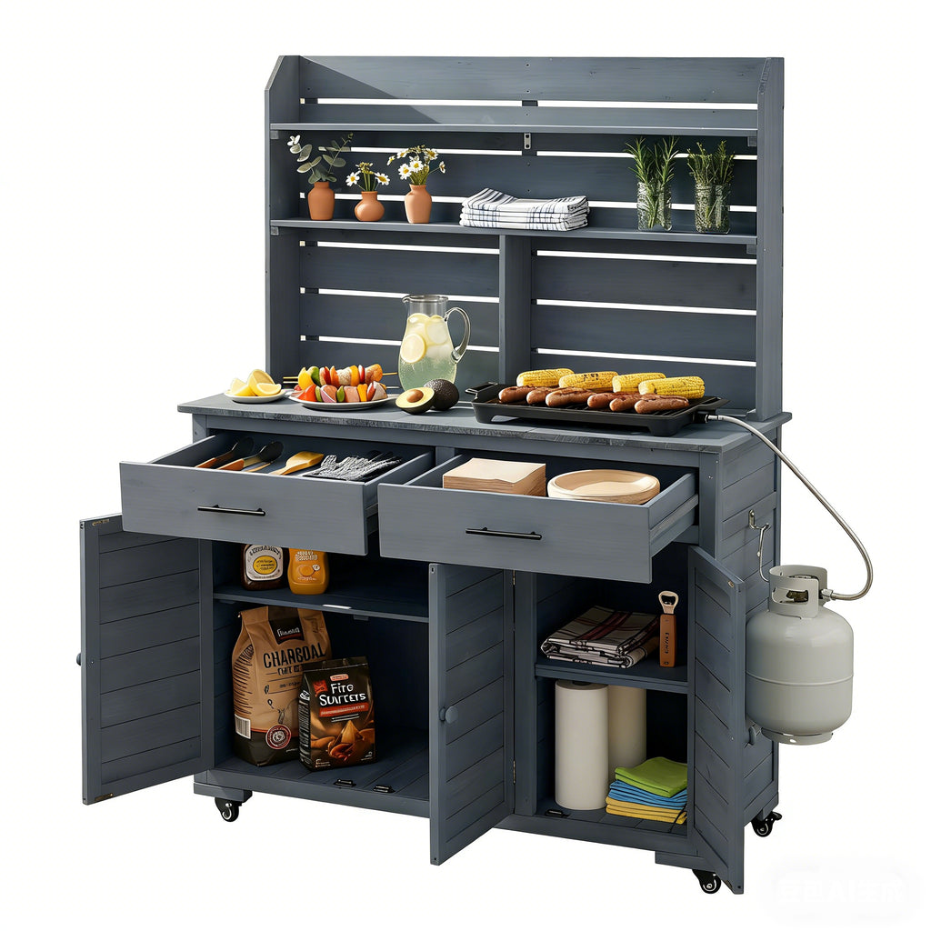 Rolling Potting Bench with Hutch and Wheels - Gray detail