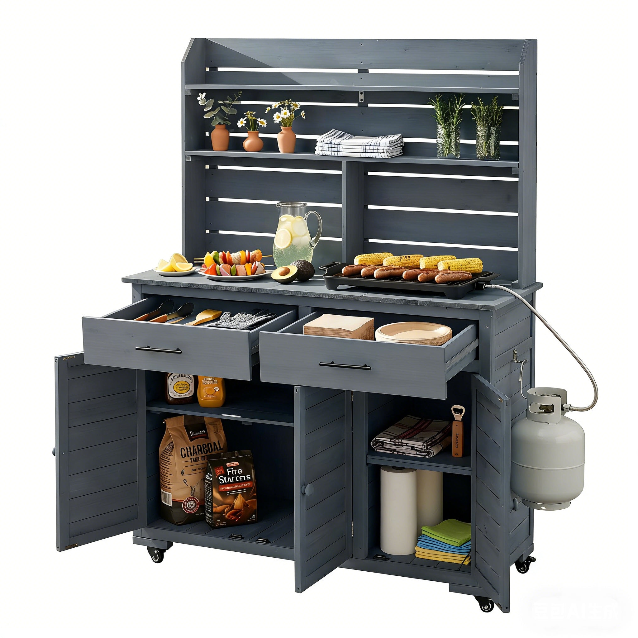 Rolling Potting Bench with Hutch and Wheels - Gray detail