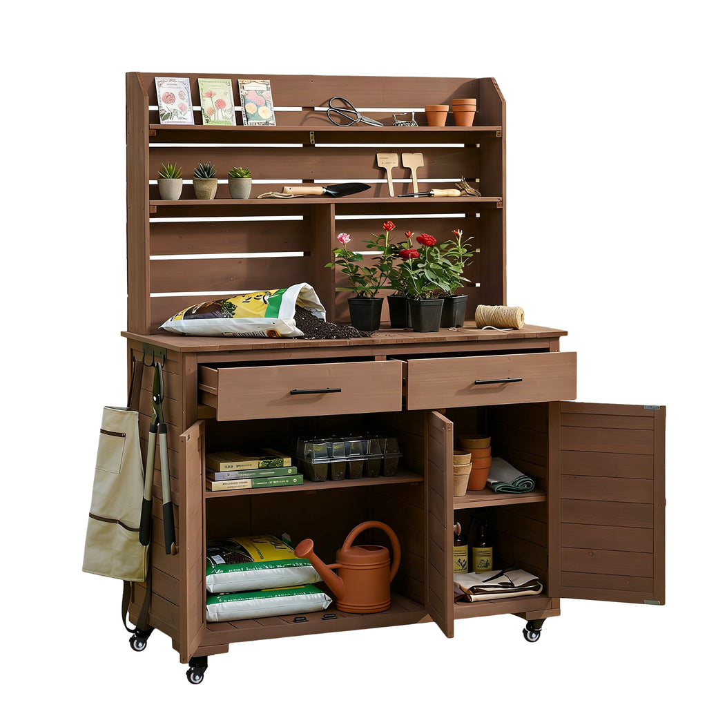 Rolling Potting Bench with Hutch and Wheels - Brown detail