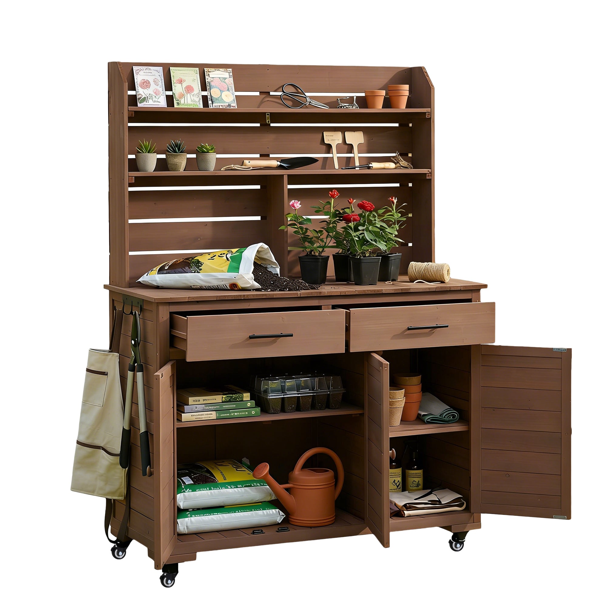 Rolling Potting Bench with Hutch and Wheels - Brown detail