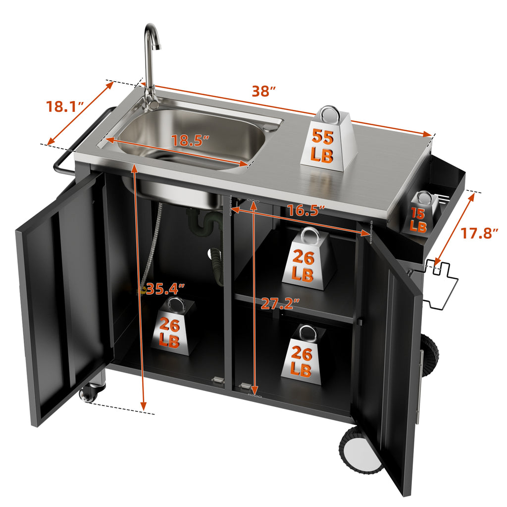 Outdoor grill cart with 304 stainless steel sink and cabinet