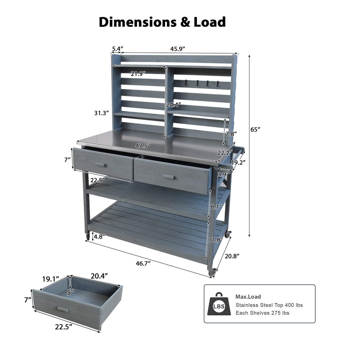 Outluma Rolling Potting Bench with Hutch - Grey Blue