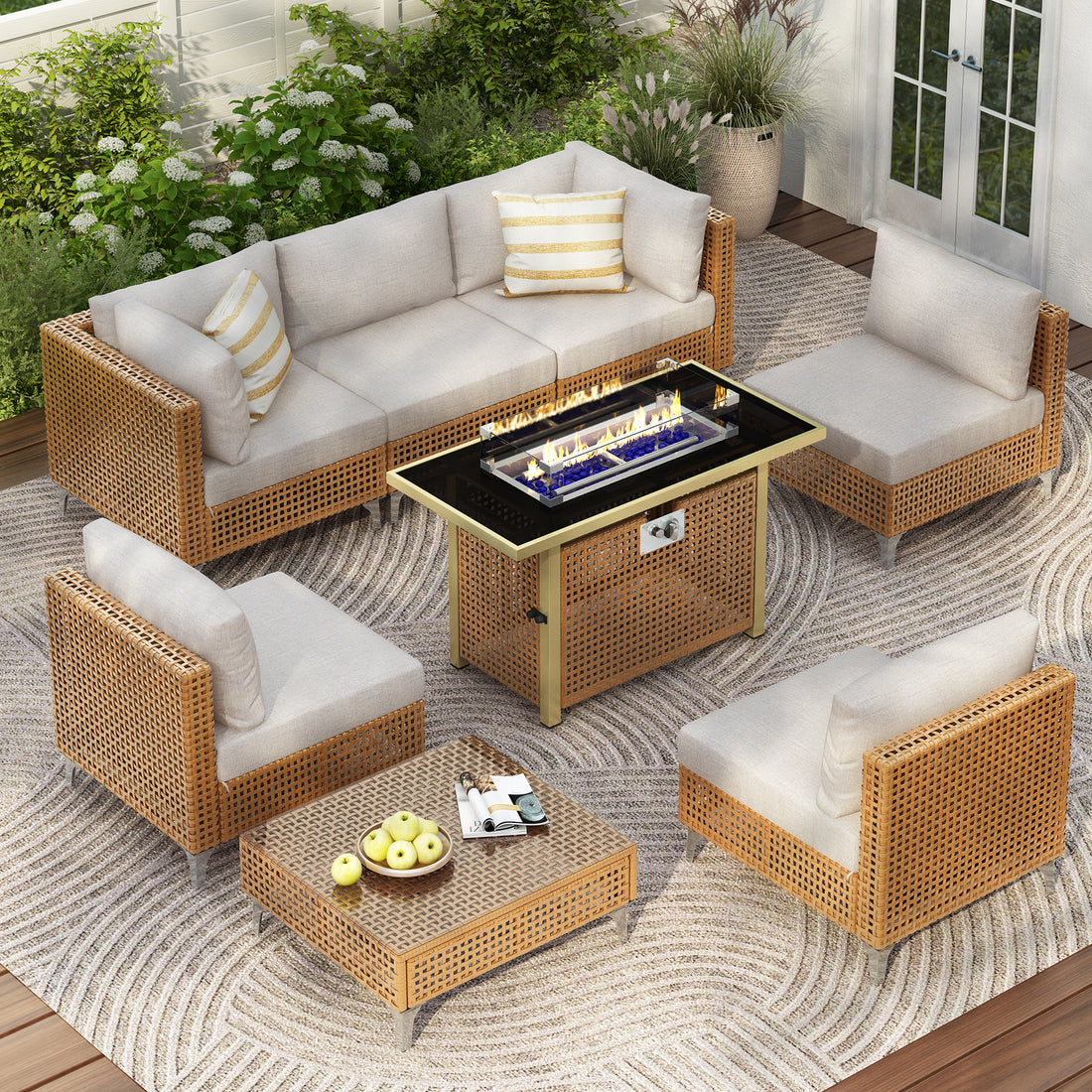 Outluma 8-Piece Patio Conversation Set with Fire Pit Table - Beige