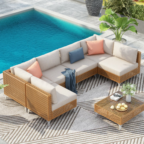 7-Piece Wicker Outdoor Conversation Set - Beige