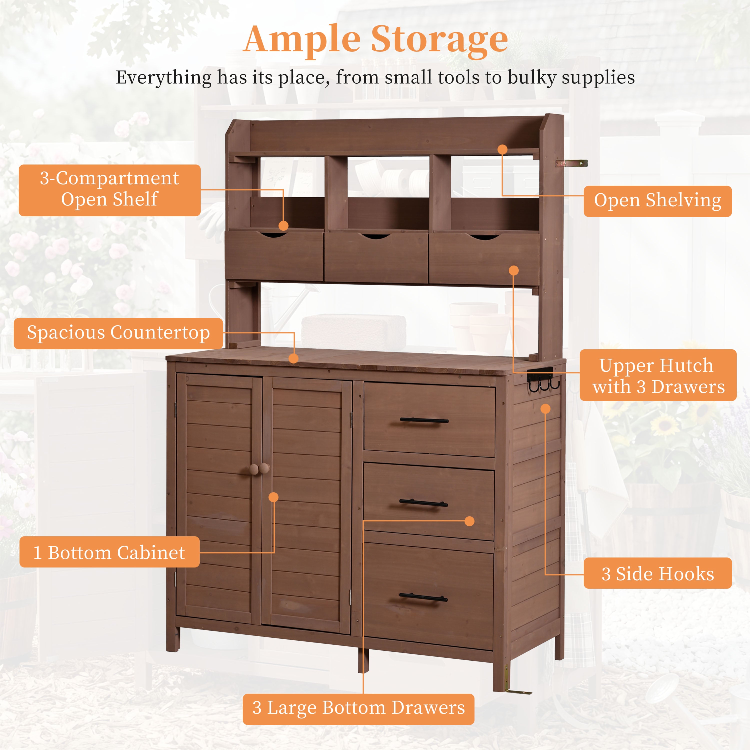 Farmhouse Potting Bench 6-Drawer - Brown detail