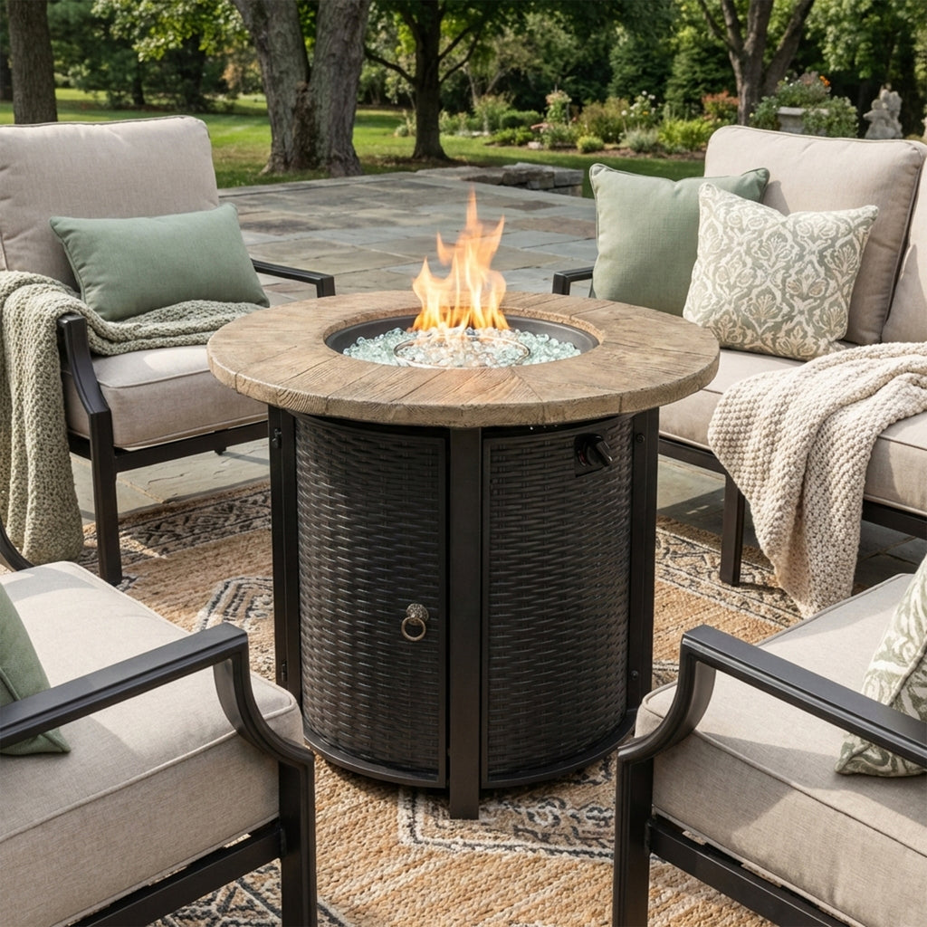 Round propane fire pit table packaging and assembly