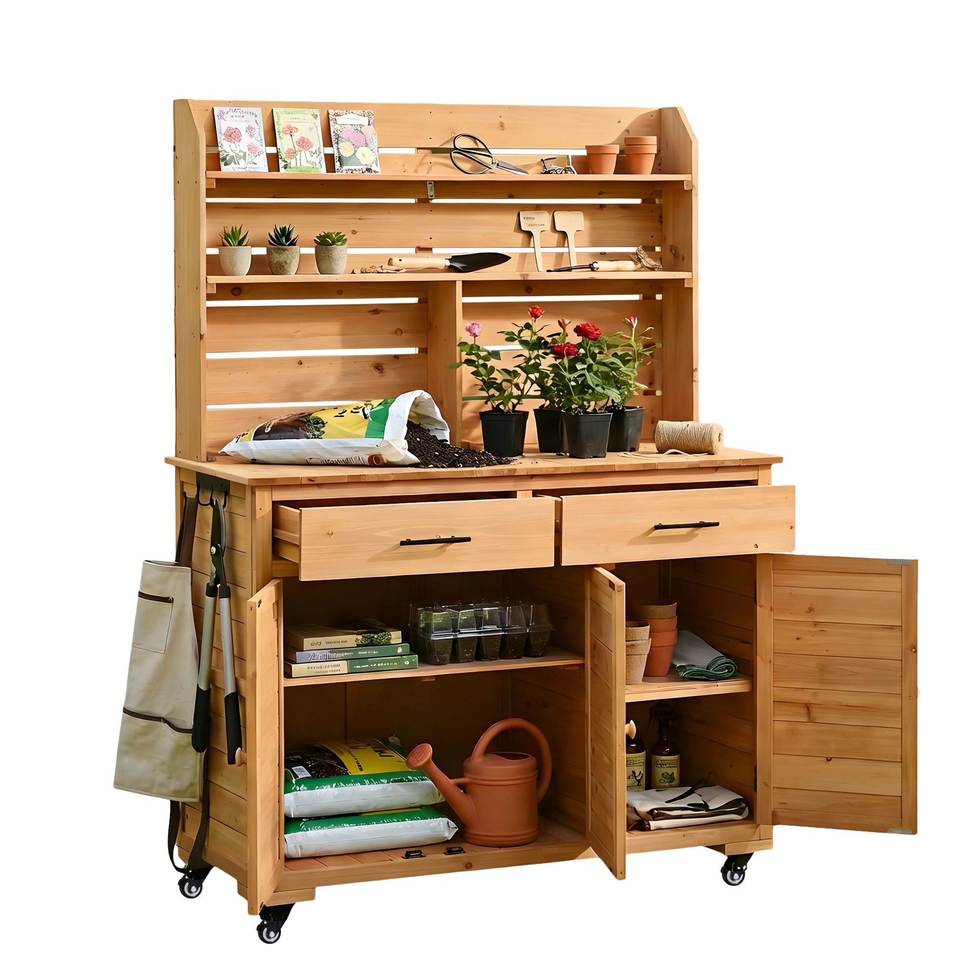 Rolling Potting Bench with Hutch and Wheels - Natural Wood detail