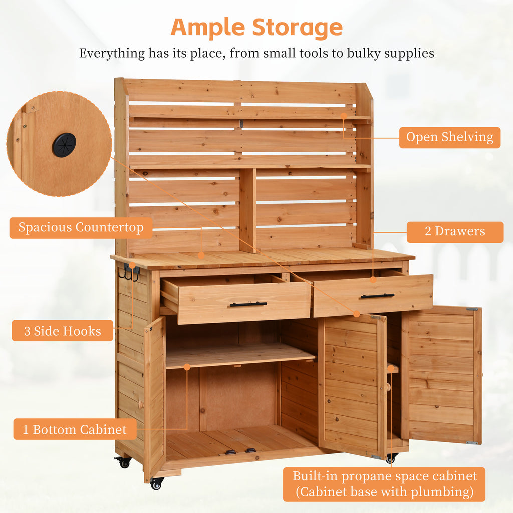 Rolling Potting Bench with Hutch and Wheels - Natural Wood detail