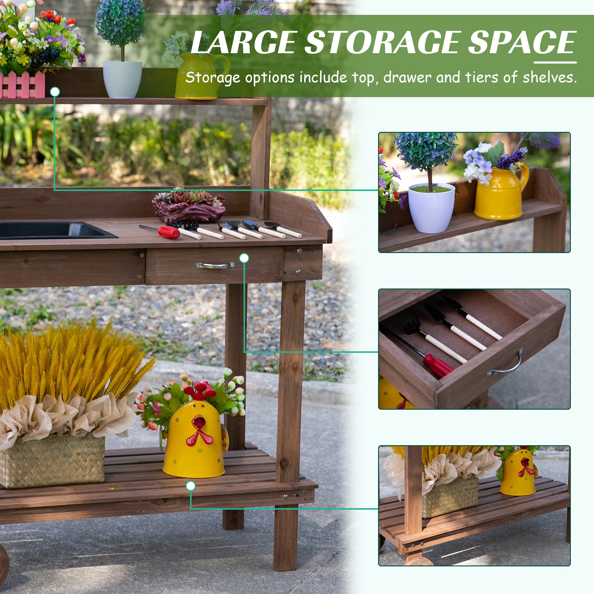 Outsunny Potting Bench with Sink and Wheels detail