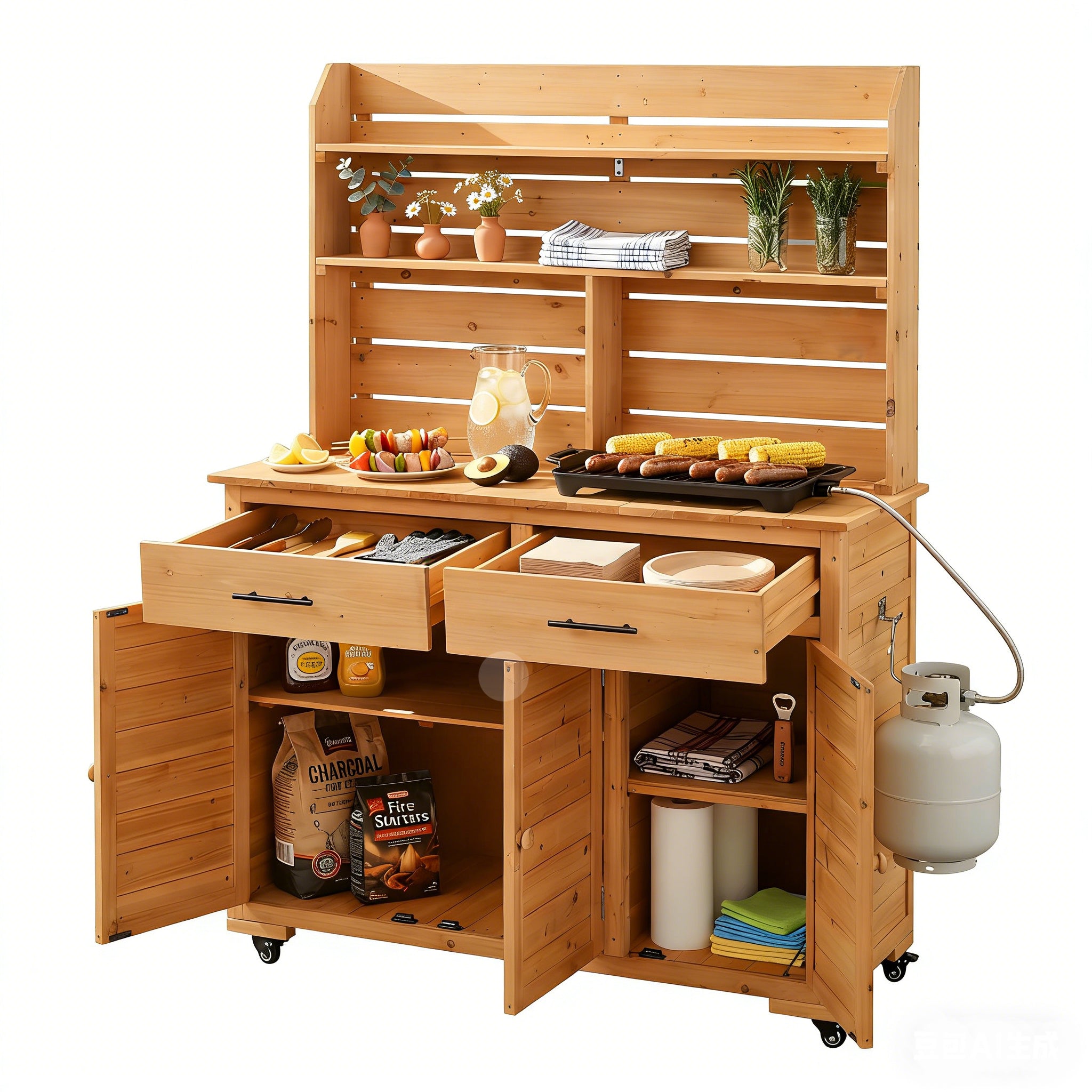 Rolling Potting Bench with Hutch and Wheels - Natural Wood detail