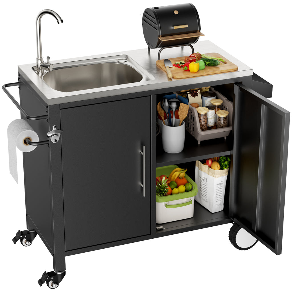 Grill cart sink station with wheels