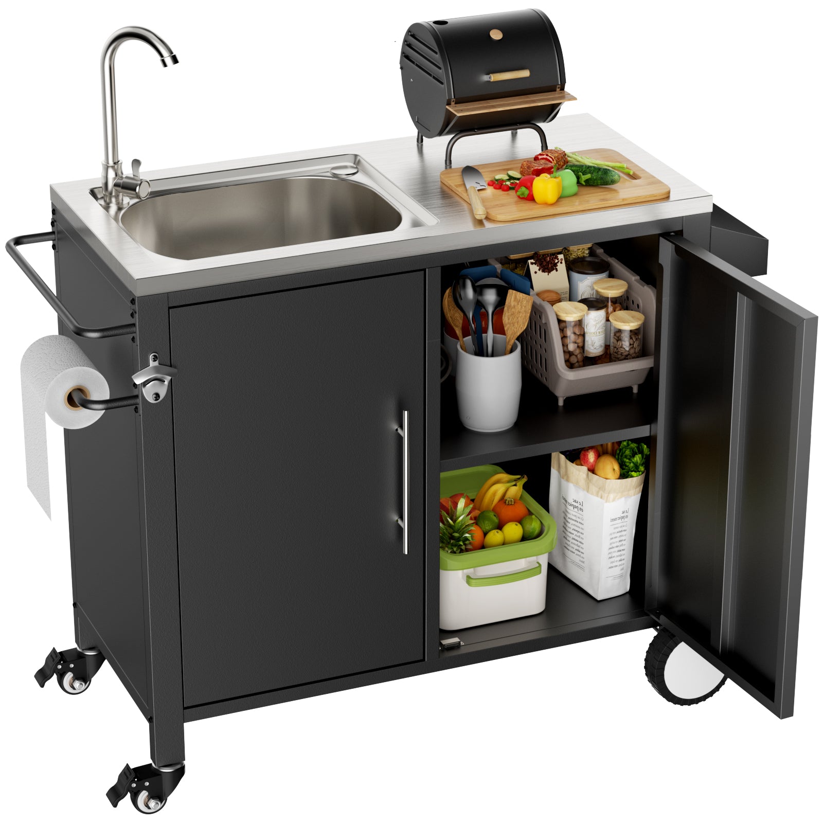 Grill cart sink station with wheels