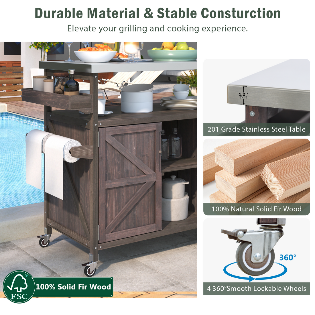 Outluma Farmhouse Rolling Outdoor Kitchen Island - Dark Brown